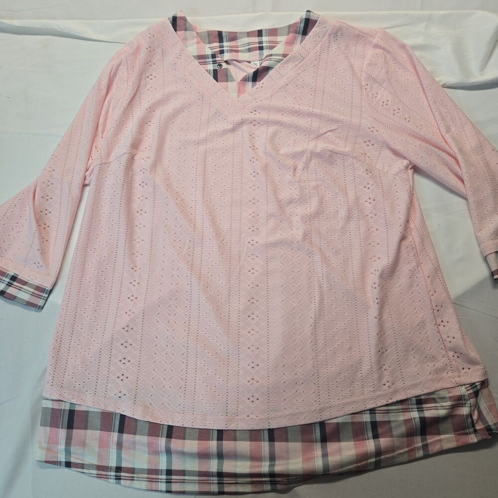 Women's Pink Crochet Knit V-neck Top Plaid Rockabilly Shirt XXL Barbiecore